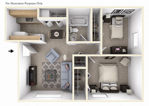 Two Bedroom One Bath Floorplan at Normandy Village Apartments, Michigan City